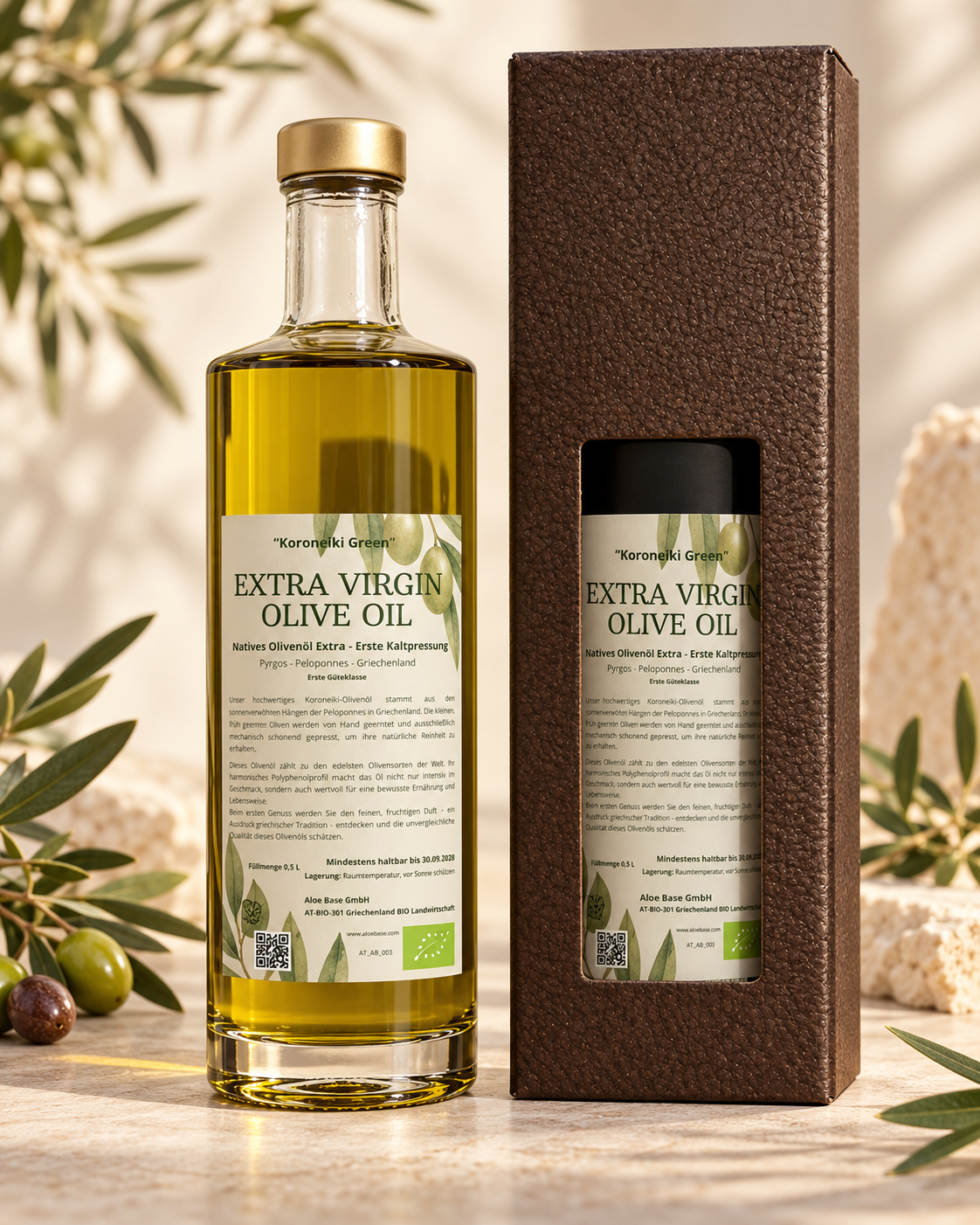 FÜR IHN – Koroneiki Bio-Olivenöl 500 ml, Glasflasche und dunkle Geschenkverpackung