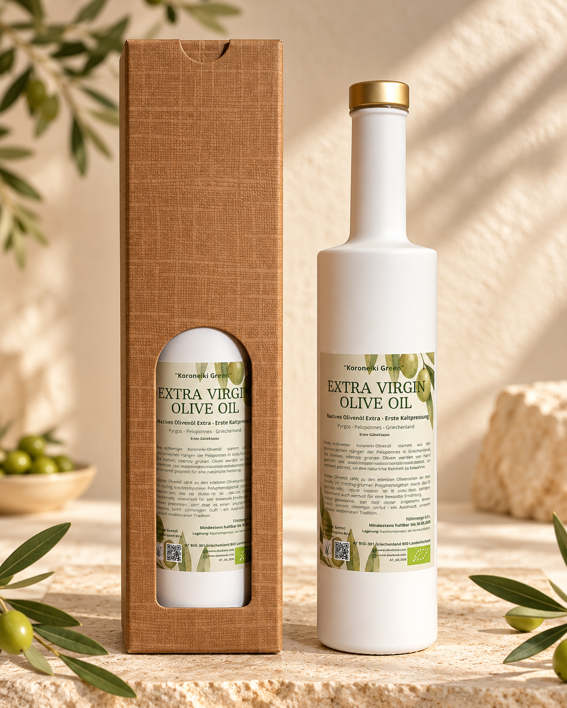 FÜR SIE – Koroneiki Bio-Olivenöl 500 ml, weiße Flasche und Geschenkverpackung