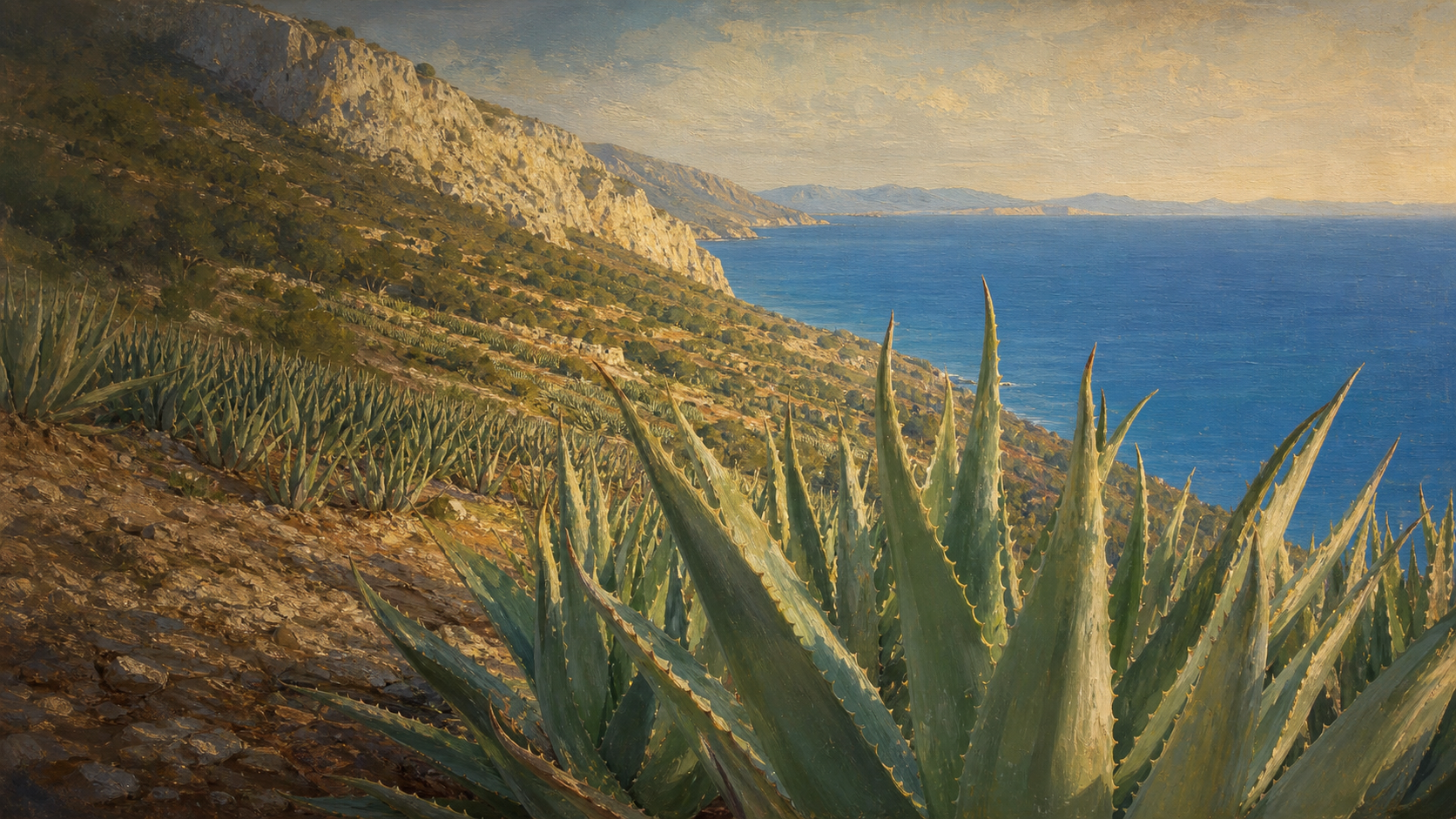 Aloe-Vera-Plantage an der griechischen Küste im mediterranen Malstil