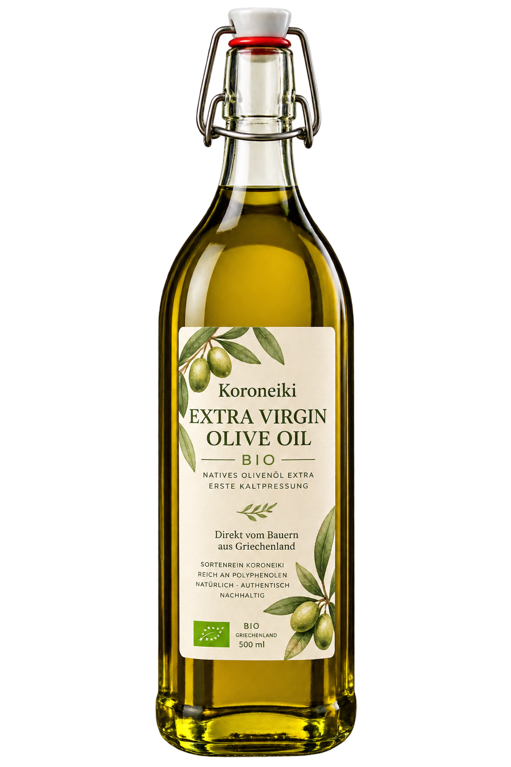 Bio Koroneiki Olivenöl in Retro-Bügelflasche freigestellt